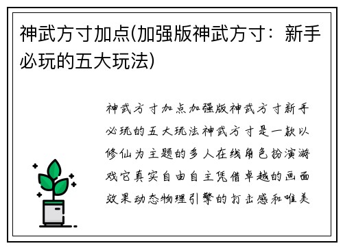 神武方寸加点(加强版神武方寸：新手必玩的五大玩法)